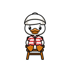 Fototapeta premium Cute Cartoon Duck in Striped Shirt and Hat Sitting on Chair Vector Art