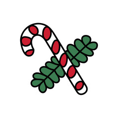Candy Cane with Green Holly Leaves Christmas Vector Illustration