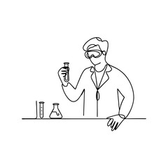 Scientist with Test Tubes in Laboratory Continuous Line Art Vector Illustration