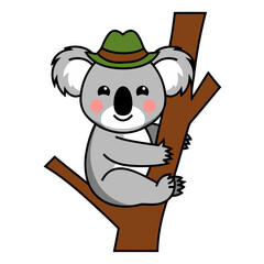 Fototapeta premium Cute Cartoon Koala Wearing Hat on Tree Branch Vector Illustration
