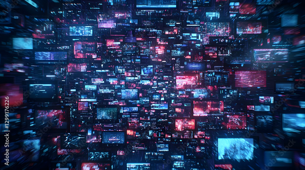 Poster abstract digital display wall with grid of screens and neon illumination