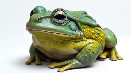Obraz premium Close-up of a vibrant green and yellow frog on a plain background