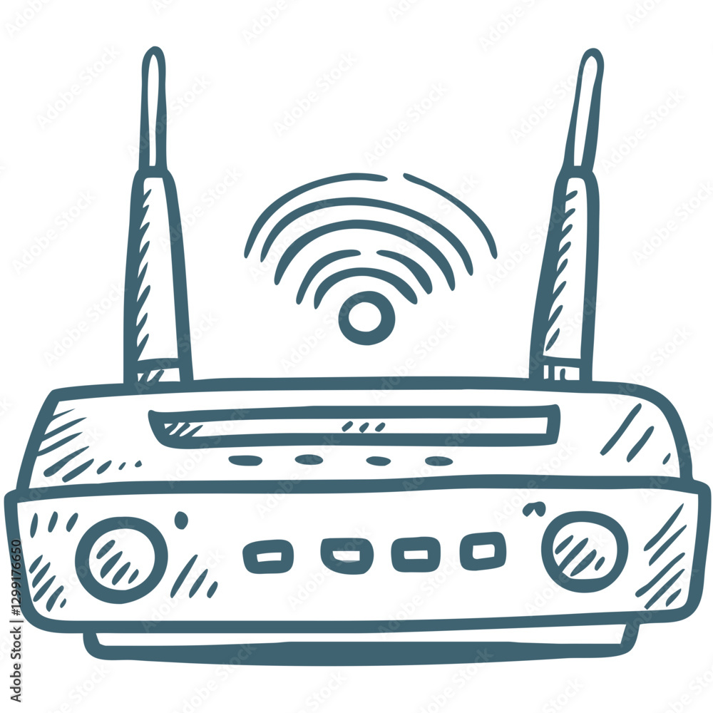Poster hand-drawn vector illustration of wi-fi router with signal for tech design and communication