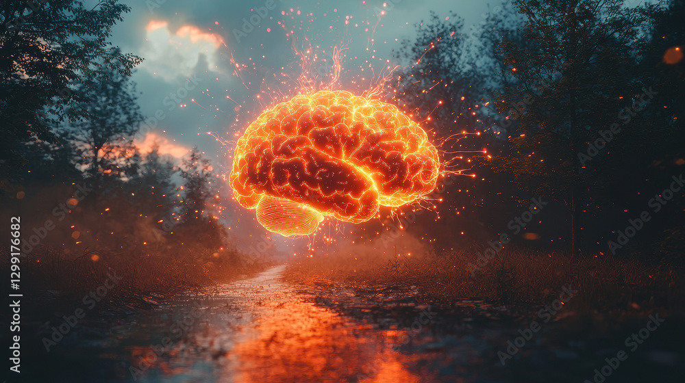 Poster surreal digital representation of a human brain connected to an infinite network of information flow