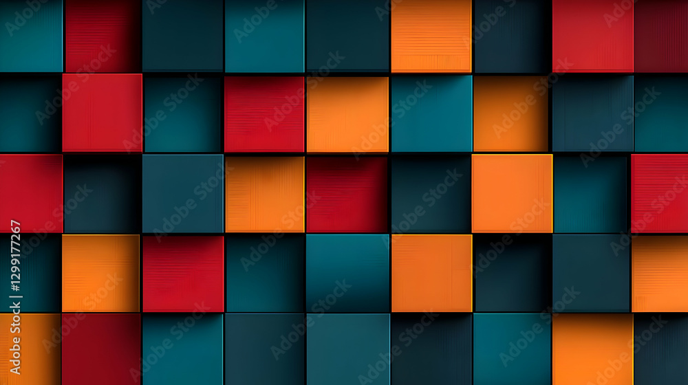 Aufkleber abstract cube pattern in red orange and teal colors arranged seamlessly in grid formation