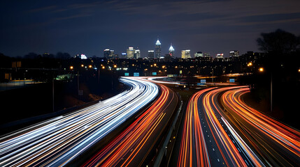 Obraz premium Night Cityscape With Illuminated Highways And Blurred Light Trails Leading To Downtown Skyline