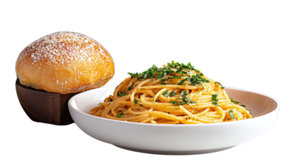 A unique presentation of a bowl of spaghetti paired with a fresh bagel on a wooden surface for a creative meal idea