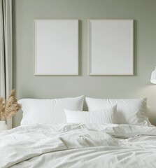 Blank frames on bedroom wall with white bed