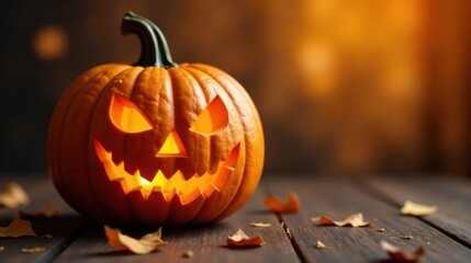 A Glowing Jack-o'-lantern Rests on a Wooden Surface Amongst Autumn Leaves, Casting an Eerie Glow