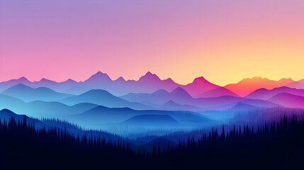 Obraz premium Pixelated Landscape of Mountains and Forest Silhouette in Sunset with Blue Purple and Orange Sky