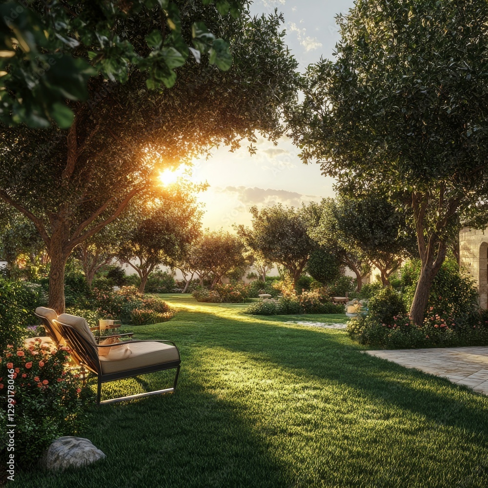 Poster a tranquil evening in a lush garden: golden sunlight filtering through trees and illuminating a rela