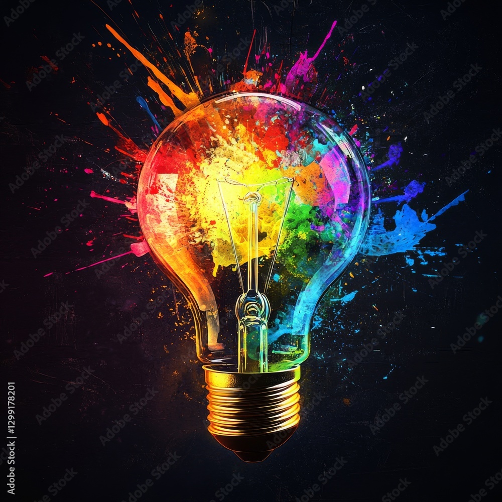 Poster colorful idea: a light bulb bursting with creativity, innovation, and artistic expression on a textu