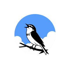 Obraz premium Vector Illustration Singing Bird on Branch with Blue Sky and Clouds