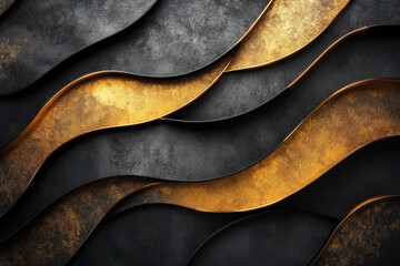 Waves of black and gold textures creating a dynamic abstract design showcasing elegance and modern...