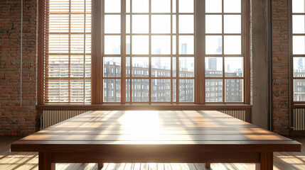 Wooden Table In Front Of Large Windows With City View Under Sunlight In Interior Setting