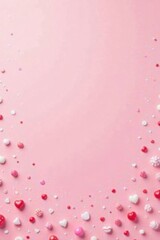 Pink Background with Scattered Sweet Confections and Hearts Forming a Romantic Border
