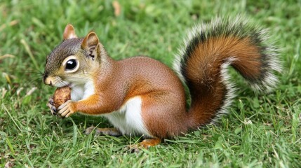 Red Squirrel Eating Nut in Grassy Park