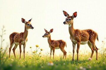 Naklejka premium A Family of Spotted Deer in a Verdant Meadow Basking in the Golden Sunlight
