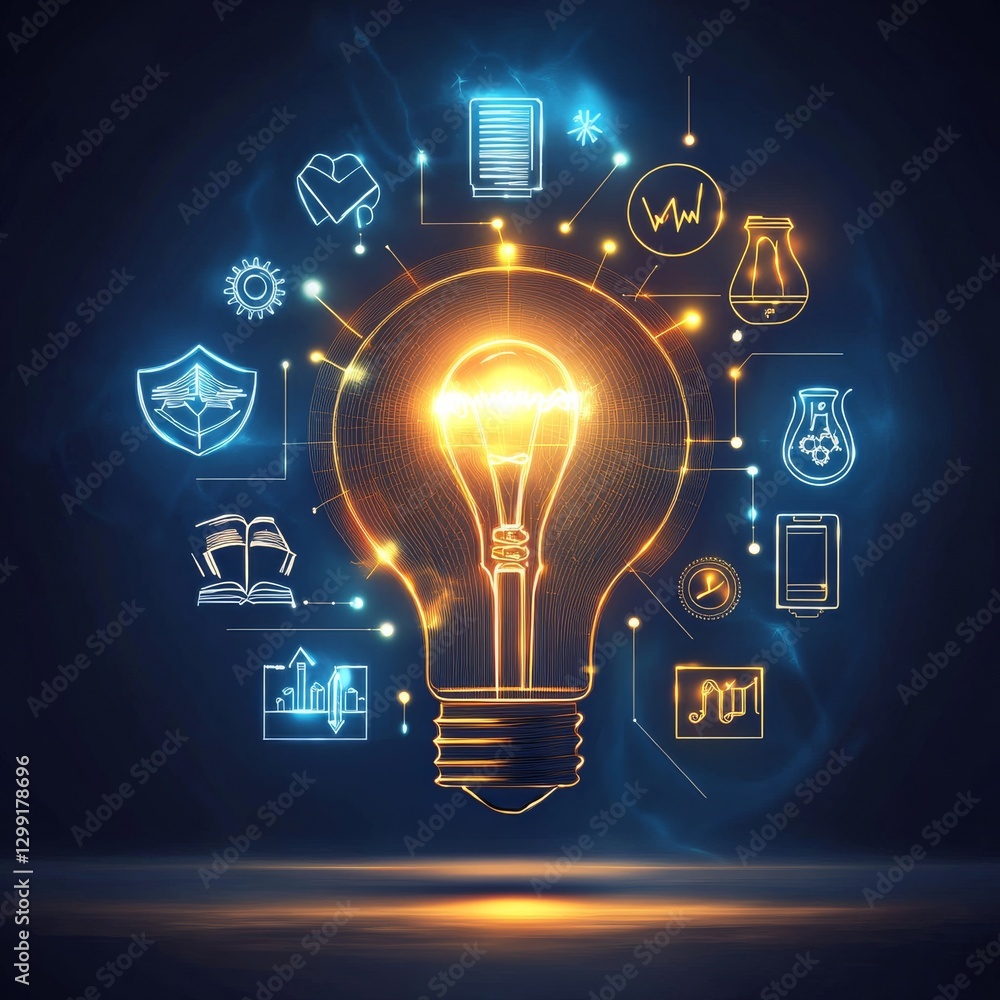 Aufkleber illuminated idea: a creative lightbulb with knowledge and innovation related icons, symbolizing brig