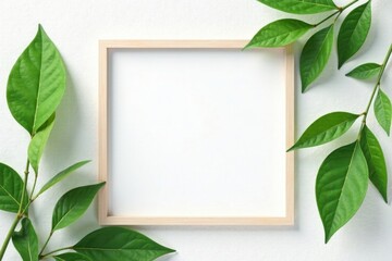 Blank Wooden Frame Decorated with Lush Green Foliage, Ideal for Mockups and Designs