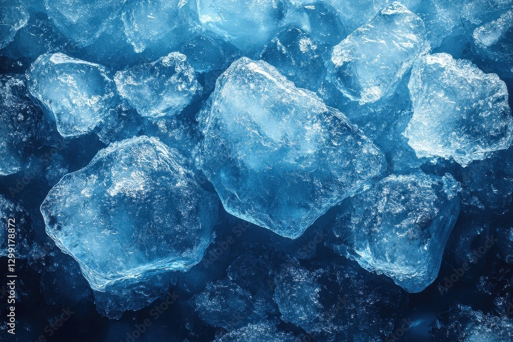 Poster Clear ice cubes scattered on a dark surface creating a striking visual contrast in a cool setting