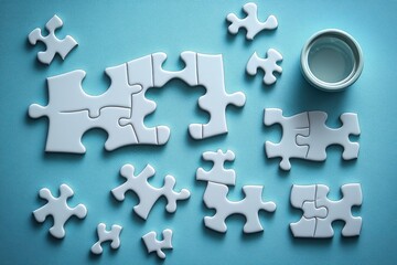 Puzzle pieces scattered on a blue background with a small bowl nearby inviting creativity and mindfulness during leisure time
