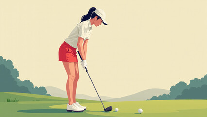 The Asian woman golfer focuses intensely on her putting technique while wearing golf gloves carefully.