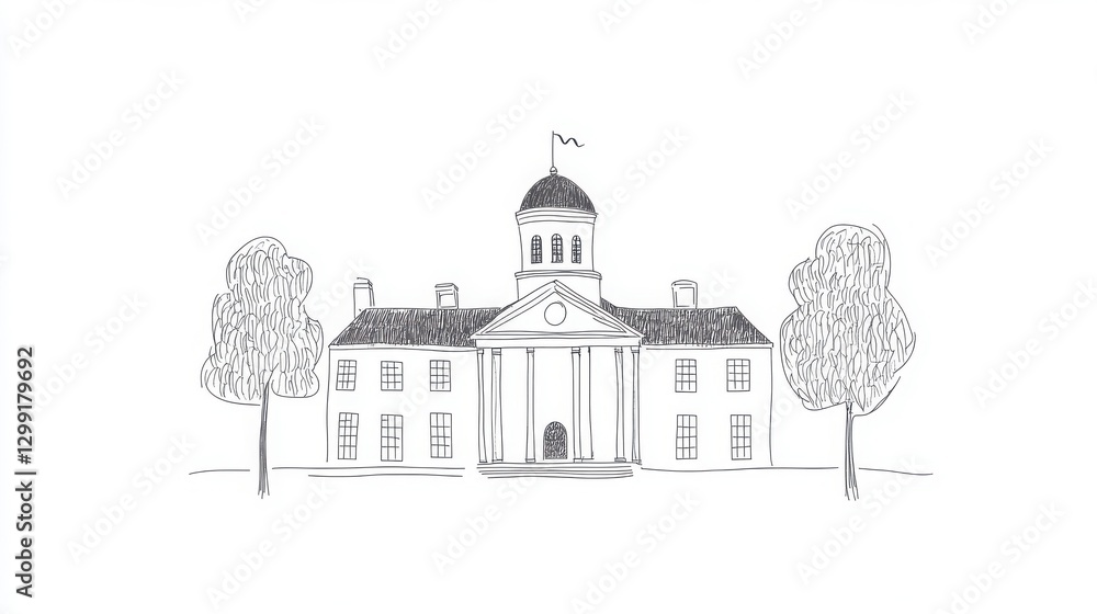 Poster simple black and white drawing of a classic building with trees and garden landscaping design illust