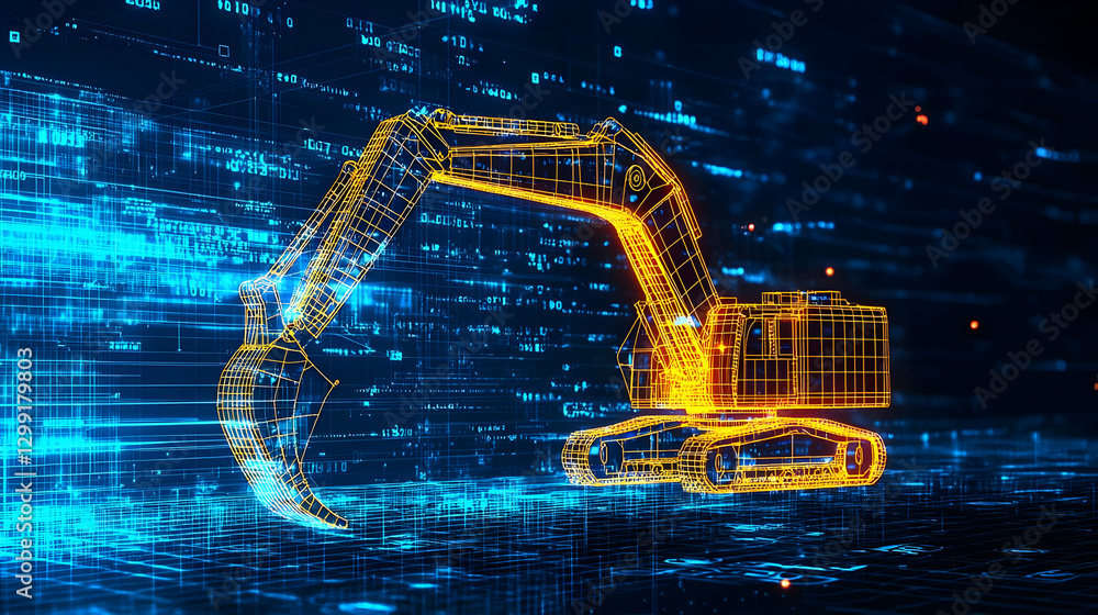 Poster digital excavator silhouette with orange outlines against blue binary code displaying technological 