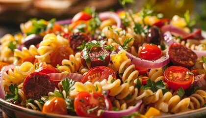 Pasta salad with red pepper, red onion, chorizo, and cherry tomatoes
