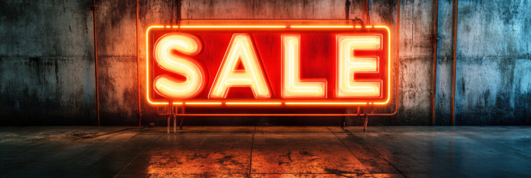 The glowing SALE neon sign creates an engaging atmosphere, emphasizing rankings with its vibrant light on a textured wall, banner