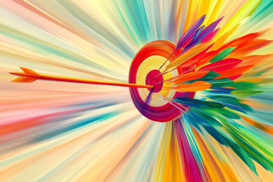 A colorful target with arrows hitting the bullseye, symbolizing precision and success, set against a soft blurred background, perfect for business promotion