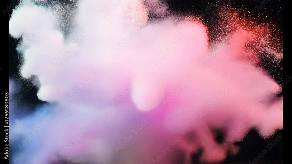 Poster multicolored powder particles exploding against a black backdrop, creating a dynamic and abstract cl