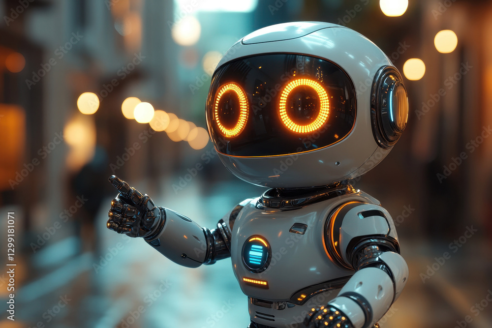 Poster robot interacts with urban environment at dusk, showcasing advanced technology and charming design f