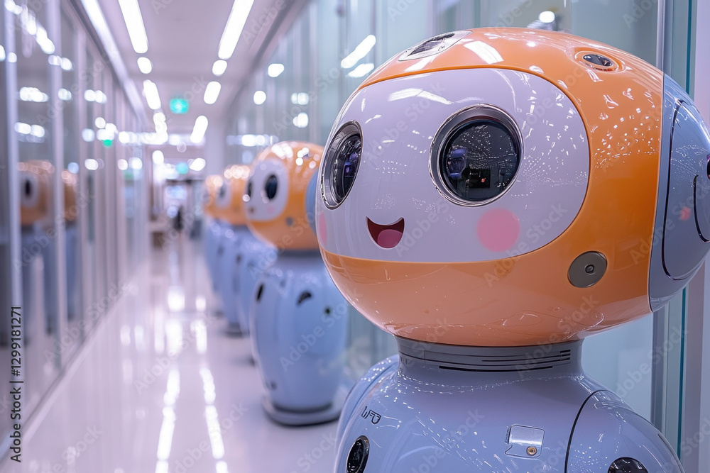 Aufkleber robots with cheerful expressions gathering in a modern corridor at a technology expo in a bustling c