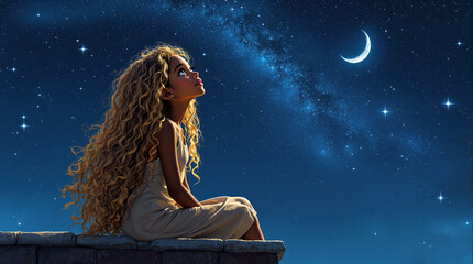 Girl with curly hair gazes at starry night sky. AI image