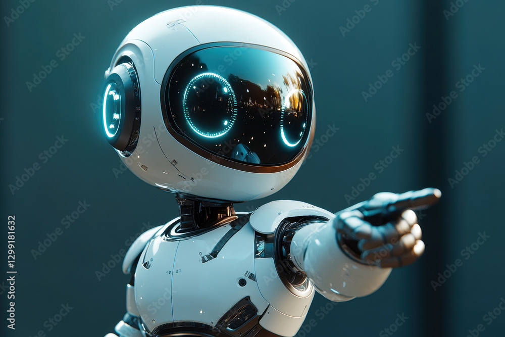 Poster robot with futuristic design points towards the viewer in a modern urban environment during daylight