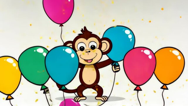 
Funny cartoon monkey with colorful air balloons on white background, birthday celebration concept
