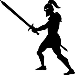 Silhouette of a Medieval Knight with Sword in Combat Stance Vector Illustration