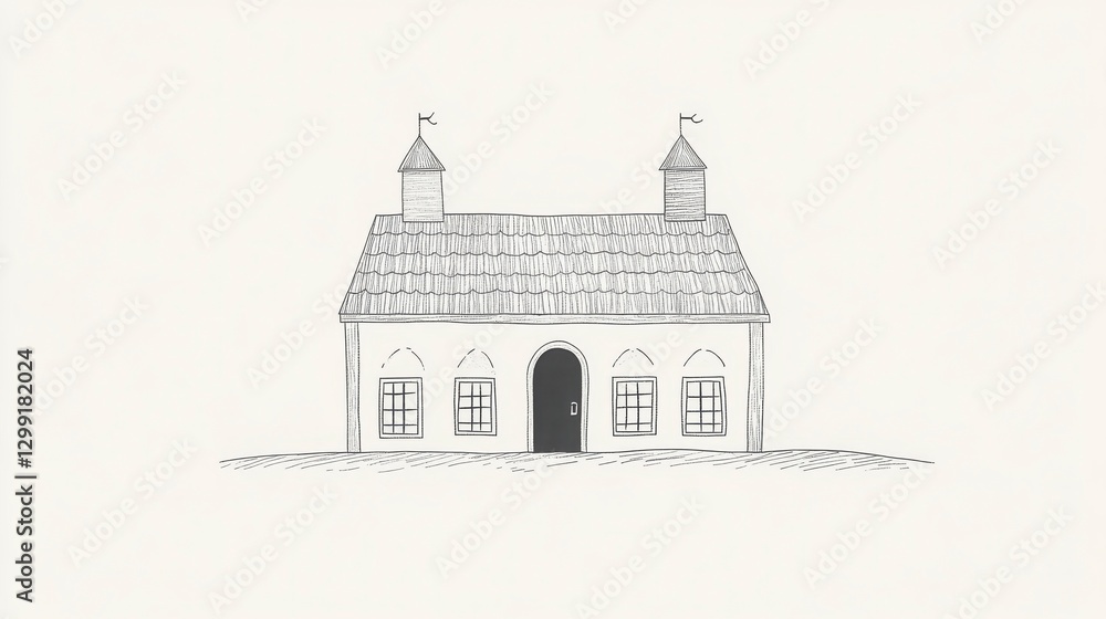 Poster simple black and white sketch of a small house with windows and doors illustrated in lines and geome