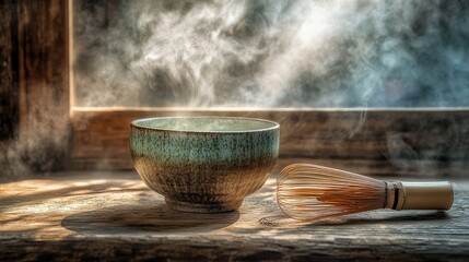 Traditional Japanese Matcha Tea Cup with Bamboo Whisk in 12K HD