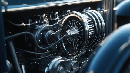Obraz premium Classic Car Engine Detail, Close-up View, Sunlight, Background of vintage vehicle