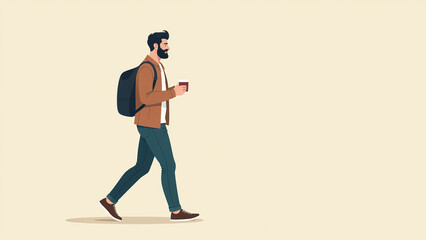 A man walks to work listening to music over a cup of coffee.