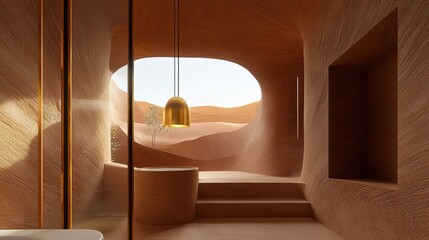 A biophilic bathroom design with golden pendant lighting and natural clay walls