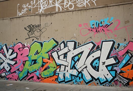 A vibrant, graffiti-covered concrete wall in an urban setting features a mix of white, blue, green, and orange graffiti, with a few scattered leaves adding a touch of nature