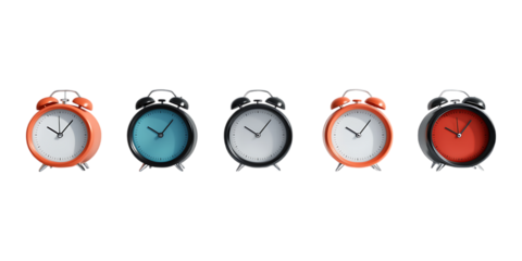 A set of five vintage-style alarm clocks in different colors displayed against a transparent background