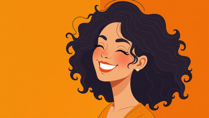 A vibrant woman smiles with curly hair in a bright orange setting.