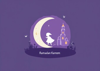 illustration of a crescent moon with a person in white and a mosque in the background