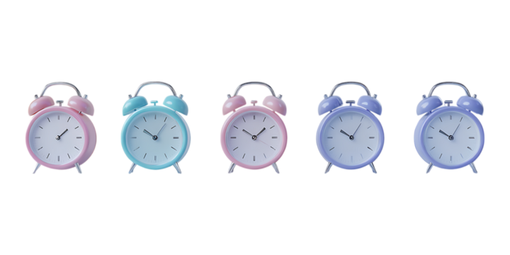 A set of five vintage-style alarm clocks in different colors displayed against a transparent background
