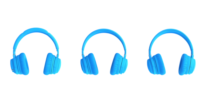 Three blue over-ear headphones displayed in different angles against a transparent background